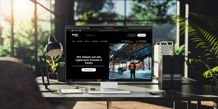 Bildschirm auf Schreibtisch zeigt Startseite des Rolleidigital-Shops Bildschirm auf Schreibtisch zeigt Startseite des Rolleidigital-Shops