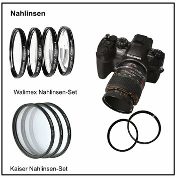 Im Bild verschiedene Nahlinsen und eine Olympus-Kamera Im Bild verschiedene Nahlinsen und eine Olympus-Kamera