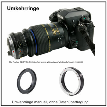 Umkehrringe manuell, oben an einer Pentaxkamera, unten zwei Umkehrringe nebeneinander Umkehrringe manuell, oben an einer Pentaxkamera, unten zwei Umkehrringe nebeneinander
