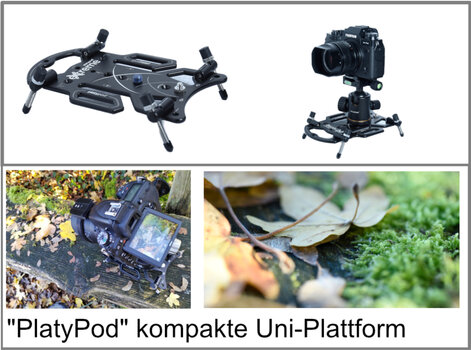 3 Bilder: oben Produktbild Platypod, unten links Platypod im Einsatz mit Kamera, rechts Fotoergebnis 3 Bilder: oben Produktbild Platypod, unten links Platypod im Einsatz mit Kamera, rechts Fotoergebnis