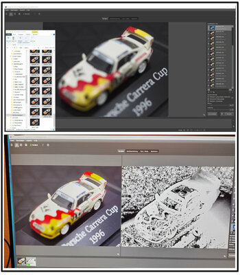 Makro eines Modellautos in der Bildbearbeitung am Monitor. 2 Bilder mit verschiedenen Bearbeitungsschritten