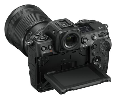 Nikon z8, hinteres Display ausgeklappt, Rückansicht der Kamera