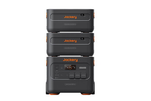 Jackery Solar Generator 2000 plus mit zwei darauf gestellten Battery Packs