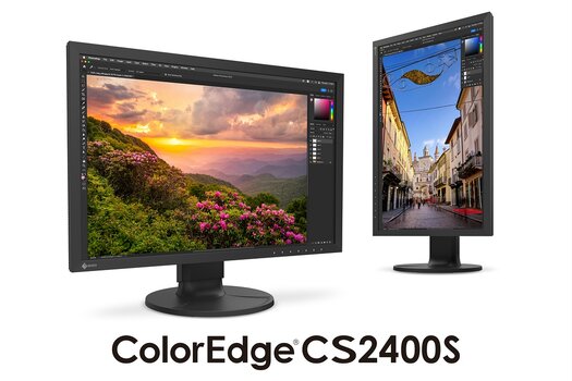 Monitor EIZO ColorEdge CS2400S links im Querformat, rechts gedreht auf Hochformat