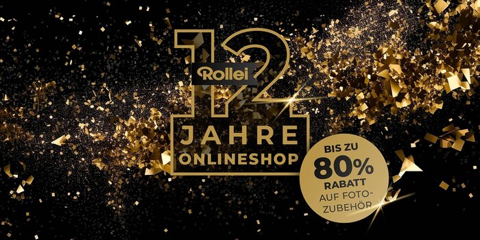 Grafik 12 Jahre Rollei Onlineshop vor schwarzem Hintergrund mit Goldglitter