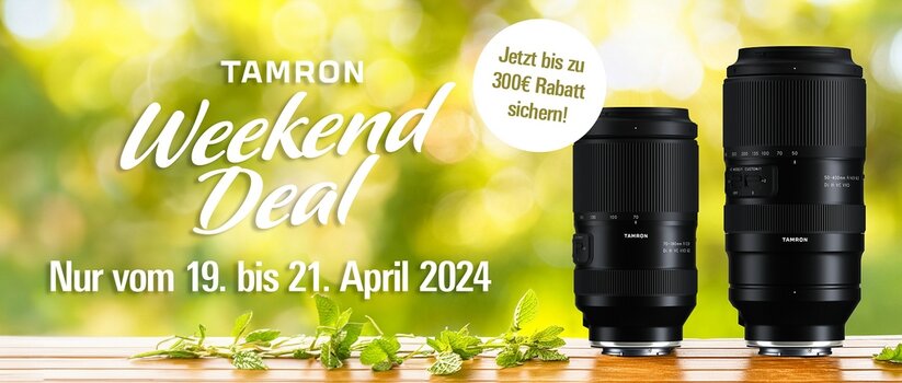 rechts zwei Objektive von Tamron, links Schrift mit Info zum Weekend-Deal rechts zwei Objektive von Tamron, links Schrift mit Info zum Weekend-Deal