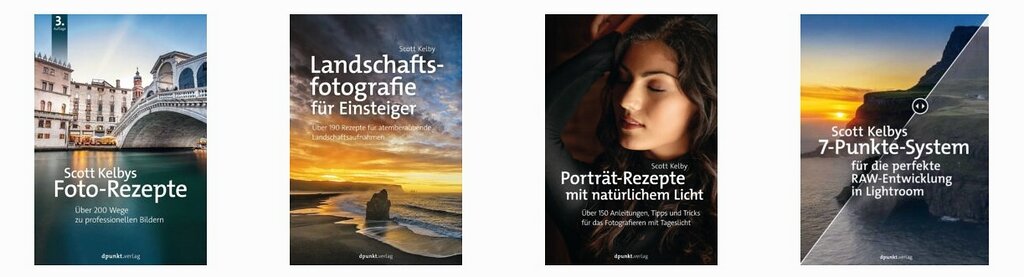 4 Bücher von Scott Kelby nebeneinander: Foto-Rezepte, Landschaftsfotografie für Einsteiger, Porträt-Rezepte mit natürlichem Licht, 7-Punkte-System