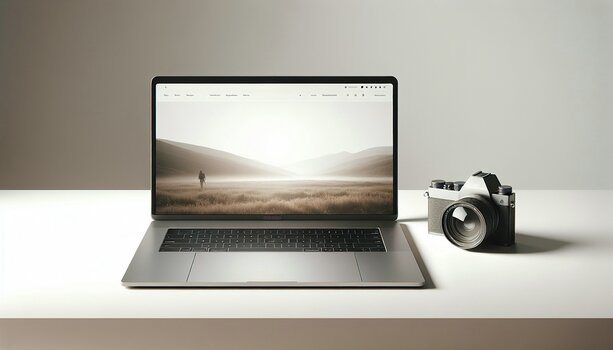Laptop zeigt eine Fotografenwebseite auf dem Bildschirm. Rechts neben dem Laptop steht eine Kamera. Symboldbild für einen Artikel über Online-Galerien für Fotografen. 