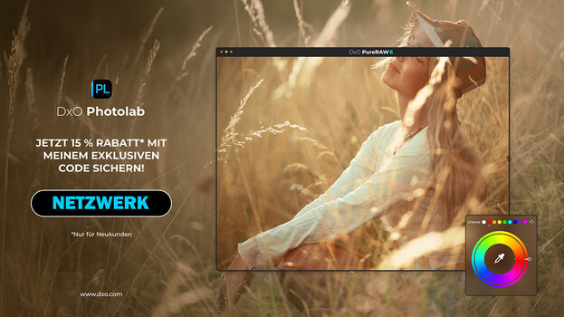 Werbebanner für DxO PhotoLab mit einem herbstlichen Porträt und dem exklusiven Rabattcode NETZWERK für 15 % Preisnachlass. 