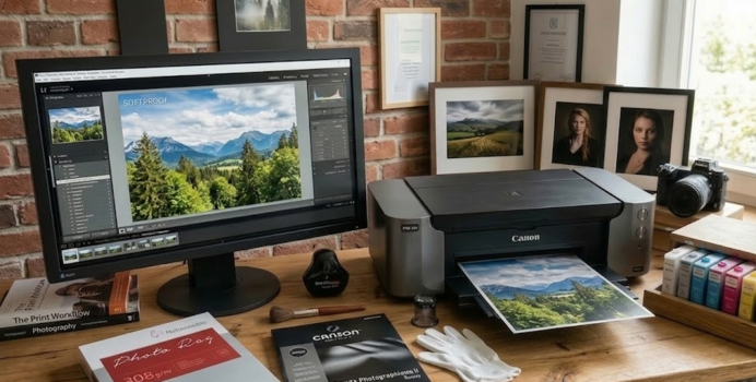 Professioneller Foto-Workflow-Arbeitsplatz mit einem Grafikmonitor, der einen Softproof anzeigt. Daneben stehen ein Fototintenstrahler, verschiedene Fine-Art-Papiere sowie eine Auswahl an Patronen für farbechte Ausdrucke.