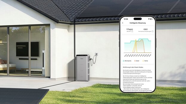 Ein großes Smartphone-Display zeigt die Jackery App mit dem Titel Intelligente Steuerung. Ein detaillierter Liniengrafik visualisiert Strompreise, Solarenergieerzeugung und Hausverbrauch über einen Tag. Im Hintergrund ist ein modernes Haus mit Solarpaneelen und einem angeschlossenen Heimspeicher zu sehen.