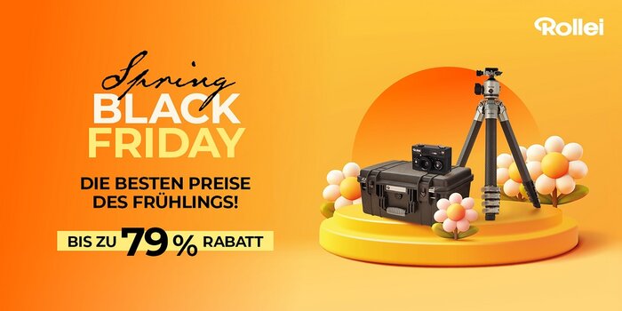 Rollei Spring Black Friday 2026 Werbebanner mit Kamera-Equipment und Rabatt-Hinweis 79%.