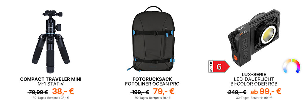 Werbe-Collage für Rollei Spring Black Friday 2026 Angebote: Rollei Compact Traveler Mini M-1 Stativ für 38 Euro statt 79,99 Euro, Rollei Fotoliner Ocean Pro Fotorucksack für 79 Euro statt 199 Euro und Rollei Lux-Serie LED-Dauerlicht ab 99 Euro statt 249 Euro.