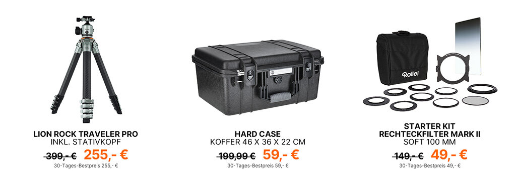 Rollei Spring Black Friday 2026 Deal-Highlights Collage: Lion Rock Traveler Pro inkl. Stativkopf für 255 Euro statt 399 Euro, Rollei Hard Case Outdoor-Koffer für 59 Euro statt 199,99 Euro und Rollei Filtersysteme ab 49 Euro statt 149 Euro.