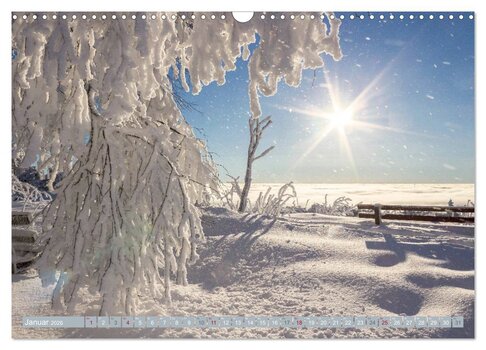 Vorschau Januar-Blatt eines Fotokalenders: Eine tief verschneite Winterlandschaft mit Raureif an den Bäumen und strahlendem Sonnenschein, der einen Sterneneffekt erzeugt. Vorschau Januar-Blatt eines Fotokalenders: Eine tief verschneite Winterlandschaft mit Raureif an den Bäumen und strahlendem Sonnenschein, der einen Sterneneffekt erzeugt.