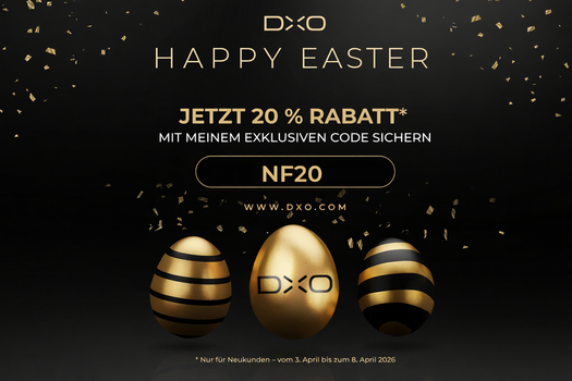 Elegante Oster-Werbegrafik von DxO auf schwarzem Hintergrund mit goldenen Konfetti-Elementen. Oben steht „HAPPY EASTER“, darunter der Hinweis auf „20 % Rabatt“ mit exklusivem Code. In einem abgerundeten Feld steht der Rabattcode „NF20“. Unten sind drei dekorative, goldene Ostereier abgebildet, eines mit DxO-Logo. Kleingedruckter Hinweis: Angebot nur für Neukunden, gültig vom 3. bis 8. April 2026. Elegante Oster-Werbegrafik von DxO auf schwarzem Hintergrund mit goldenen Konfetti-Elementen. Oben steht „HAPPY EASTER“, darunter der Hinweis auf „20 % Rabatt“ mit exklusivem Code. In einem abgerundeten Feld steht der Rabattcode „NF20“. Unten sind drei dekorative, goldene Ostereier abgebildet, eines mit DxO-Logo. Kleingedruckter Hinweis: Angebot nur für Neukunden, gültig vom 3. bis 8. April 2026.