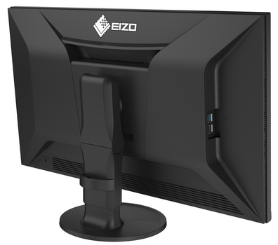 Rückansicht des EIZO CS3200X; deutlich erkennbar sind der ergonomische Standfuß und die seitlichen USB-Anschlüsse für den KVM-Switch Rückansicht des EIZO CS3200X; deutlich erkennbar sind der ergonomische Standfuß und die seitlichen USB-Anschlüsse für den KVM-Switch