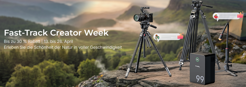 Kamera-Setup auf einem Stativ in den Bergen, Werbung für die SmallRig Fast-Track Creator Week mit bis zu 30 % Rabatt.