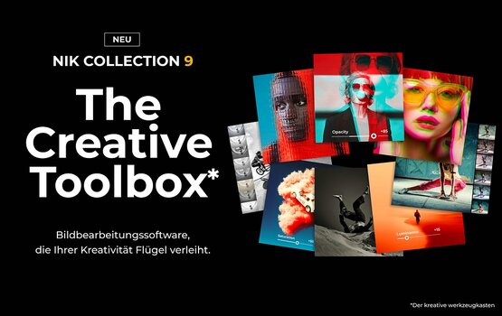 Offizielles Werbebanner der DxO Nik Collection 9 mit dem Slogan 'The Creative Toolbox', das eine Auswahl an beeindruckenden Landschafts-, Porträt- und Architekturaufnahmen zeigt, die mit der Plugin-Suite bearbeitet wurden.