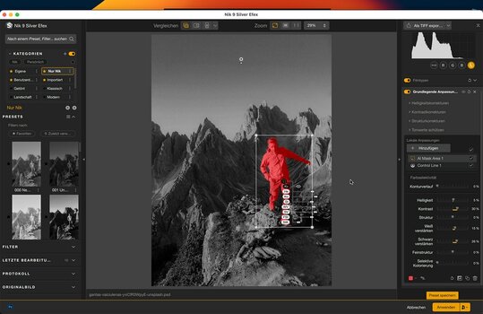 Screenshot der Benutzeroberfläche von Nik 9 Silver Efex: Ein Wanderer in einer Berglandschaft ist rot maskiert, was die präzise, KI-gestützte Motivauswahl verdeutlicht, während rechts das Bedienfeld für lokale Anpassungen und Kontrollpunkte zu sehen ist.