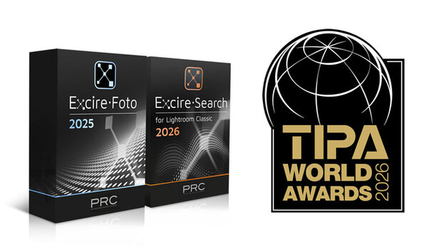 Produkt-Bundle bestehend aus Excire Foto 2025 und Excire Search 2026 mit dem goldenen TIPA World Award 2026 Siegel