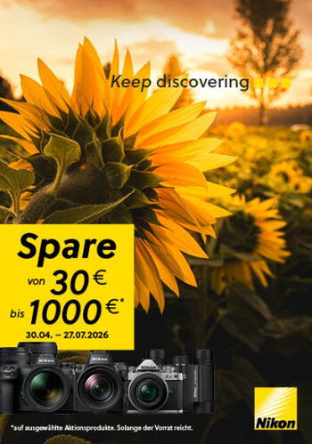 Nikon Sommer-Sofort-Rabatt Aktion 2026 Banner; Nikon Z8 und Z9 Systemkameras mit Objektiven.