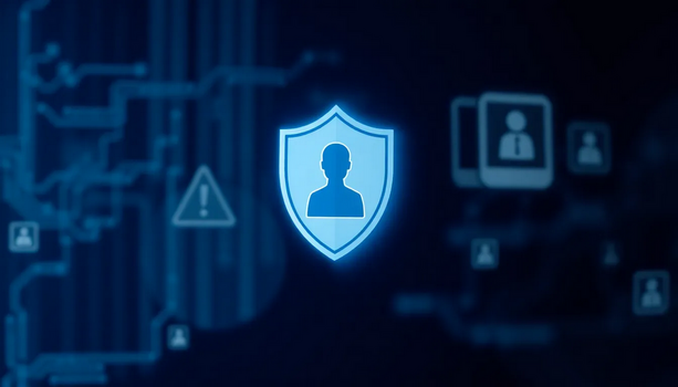 Blau leuchtendes Schutzschild-Icon mit einer Personensilhouette im Zentrum eines digitalen Netzwerks; symbolisiert den Schutz der Online-Identität vor Cyber-Gefahren.