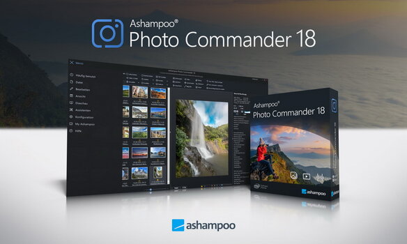 Produktpräsentation von Ashampoo Photo Commander 18. Abgebildet ist die Software-Box neben einer digitalen Programmvorschau auf einem spiegelnden Untergrund vor einem atmosphärischen Landschaftshintergrund bei Sonnenuntergang.