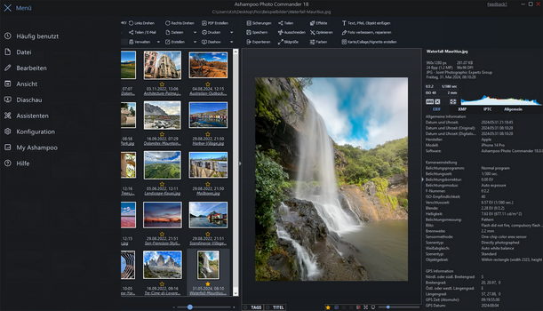 Screenshot der Benutzeroberfläche von Ashampoo Photo Commander 18 im Dark Mode. Zu sehen ist die Fotoverwaltung mit einer Miniaturansicht der Galerie links, einer großen Einzelbild-Vorschau eines Wasserfalls in der Mitte und detaillierten EXIF-Metadaten auf der rechten Seite.
