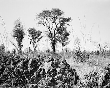 Eindringliche Schwarz-Weiß-Landschaftsfotografie von Jo Ractliffe, die ein unmarkiertes Massengrab bei Cuito Cuanavale, Angola zeigt. Eindringliche Schwarz-Weiß-Landschaftsfotografie von Jo Ractliffe, die ein unmarkiertes Massengrab bei Cuito Cuanavale, Angola zeigt.