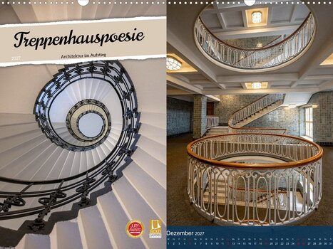 Geometrische Architekturfotografien zweier Treppenhäuser in einer eleganten Spirale.