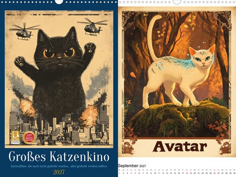 Zwei humorvolle, KI-generierte Bilder im Stil eines alten japanischen Filmplakats mit je einer Katze in der filmischen Hauptrolle.