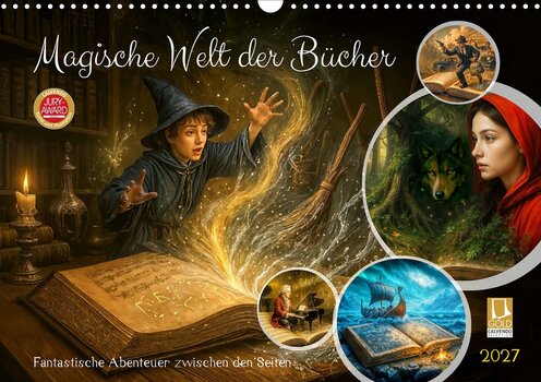 Kalender-Cover „Magische Welt der Bücher“ von Anja Frost mit CALVENDO Jury-Award. Das KI-generierte Hauptmotiv zeigt einen jungen Zauberer an einem magisch leuchtenden, aufgeschlagenen Buch, umgeben von kreisrunden Bildelementen mit Rotkäppchen, einem Wolf und einem Wikingerschiff.