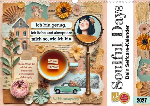 Detailreiche, moderne Illustration zum Thema Achtsamkeit und Selfcare, Coverbild des Kalenders Soulful Days von Frank Schimak.