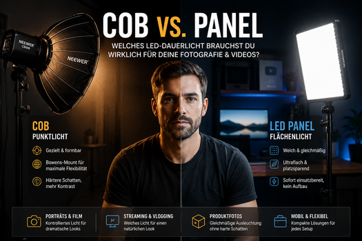 Vergleich zwischen COB-LED-Dauerlicht mit Softbox und flachem LED-Panel: Unterschiedliche Lichtcharakteristik für Porträtfotografie, Streaming und Video-Produktionen im Studio.