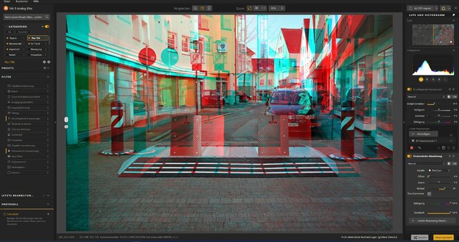 Benutzeroberfläche von DxO Nik 9 Analog Efex mit dem neuen Filter Chromatische Abweichung, der Farbkanäle im Pop-Art-Stil gegeneinander verschiebt.
