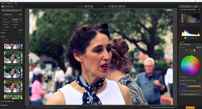 Das neue Color-Grading-Werkzeug mit Farbrad für Schatten, Mitteltöne und Lichter in DxO Nik 9 Color Efex bei der Bearbeitung eines Frauenporträts.