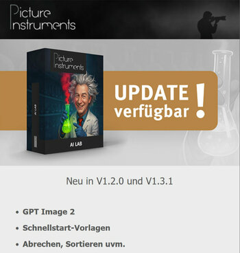 Teaser-Grafik von Picture Instruments zum AI Lab Update auf Version 1.2.0 und 1.3.1 mit Neuerungen wie GPT Image 2 und Schnellstart-Vorlagen.