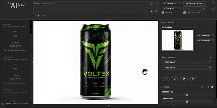 Screenshot der Software AI Lab von Picture Instruments beim Generie-ren eines Produktbildes für eine Getränkedose mittels KI.