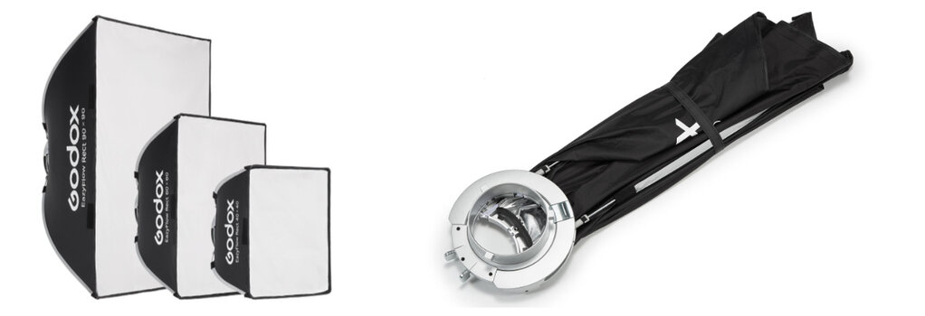 Produktübersicht der Godox EazyFlow Softbox-Serie mit drei ver-schiedenen Rechteck-Größen auf der linken Seite und einer flach zu-sammengefalteten Softbox inklusive Metall-Speedring auf der rechten Seite.