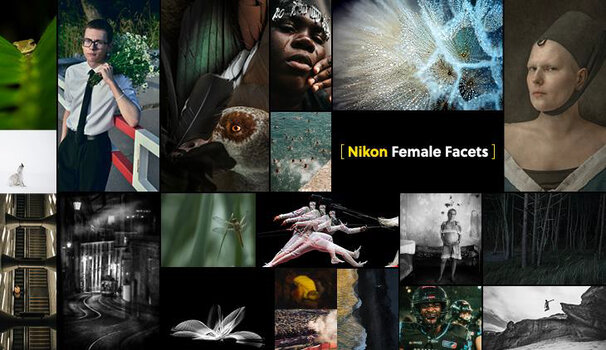 Eine Fotocollage aus verschiedenen Wettbewerbskategorien wie Port-rät, Makro, Sport und Natur mit dem Schriftzug Nikon Female Facets in der Mitte.