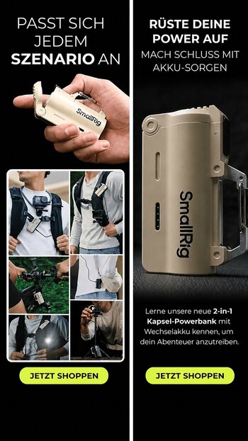 Modulare SmallRig EDC 21700 Powerbank mit Wechselakku, Karabiner und LED-Anzeige für Actioncams und Smartphones.