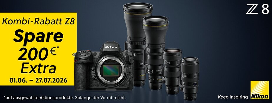Nikon Z8 und ausgewählte NIKKOR-Z-Objektive in der Nikon Kombi-Rabatt-Aktion 2026 mit 200 Euro Sofort-Rabatt.