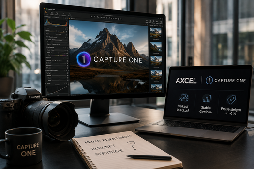 Arbeitsplatz mit Kamera, Capture-One-Software auf einem Monitor sowie Hinweisen auf einen möglichen Eigentümerwechsel und steigende Preise. Das Bild symbolisiert die aktuellen Verkaufsgerüchte rund um Capture One und die angekündigte Preiserhöhung. Arbeitsplatz mit Kamera, Capture-One-Software auf einem Monitor sowie Hinweisen auf einen möglichen Eigentümerwechsel und steigende Preise. Das Bild symbolisiert die aktuellen Verkaufsgerüchte rund um Capture One und die angekündigte Preiserhöhung.