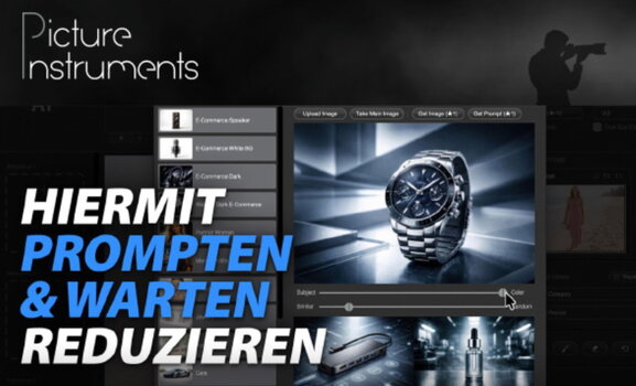Werbebanner von Picture Instruments für das AI Lab Update mit dem Text „Hiermit Prompten & Warten reduzieren“ und der Vorschau einer KI-generierten Armbanduhr.