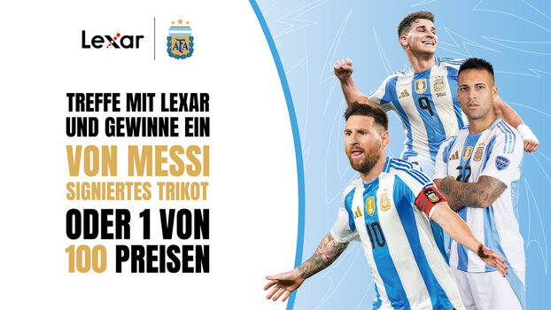 Werbegrafik zur Lexar „Score & Win“-Aktion mit Lionel Messi und weiteren Spielern der argentinischen Nationalmannschaft. Werbegrafik zur Lexar „Score & Win“-Aktion mit Lionel Messi und weiteren Spielern der argentinischen Nationalmannschaft.