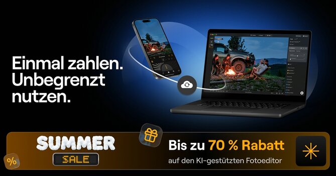 Luminar Neo auf Laptop und Smartphone mit cloudbasierter Synchronisierung. Grafik zum Summer Sale 2026. Luminar Neo auf Laptop und Smartphone mit cloudbasierter Synchronisierung. Grafik zum Summer Sale 2026.
