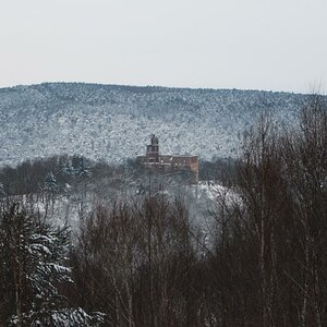 Ein weiteres Bild auf die Klosterruine Limburg durch die Winterlandschaft des Pfälzerwaldes