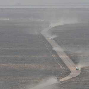 Die Kurzgrassteppe der Serengeti Plains, auf der sich im
Februar über eine Millionen Gnus tummeln, ist
im August nur eine staubige Ebene.
Die Autos zi