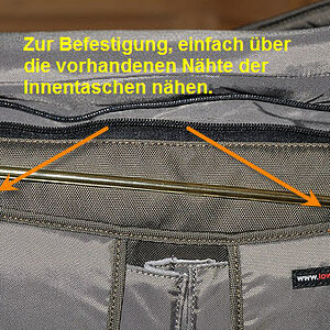 Dann näht man diese beiden Teile so wie zuvor, an die vordere (hinter der Taschenklappe liegende) Taschenoberkante ... bitte den Klettverschluss ins T